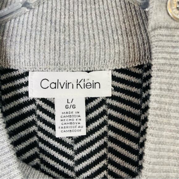 Calvin Klein grey black striped button pullover mock neck preppy sweater large - Picture 6 of 8
